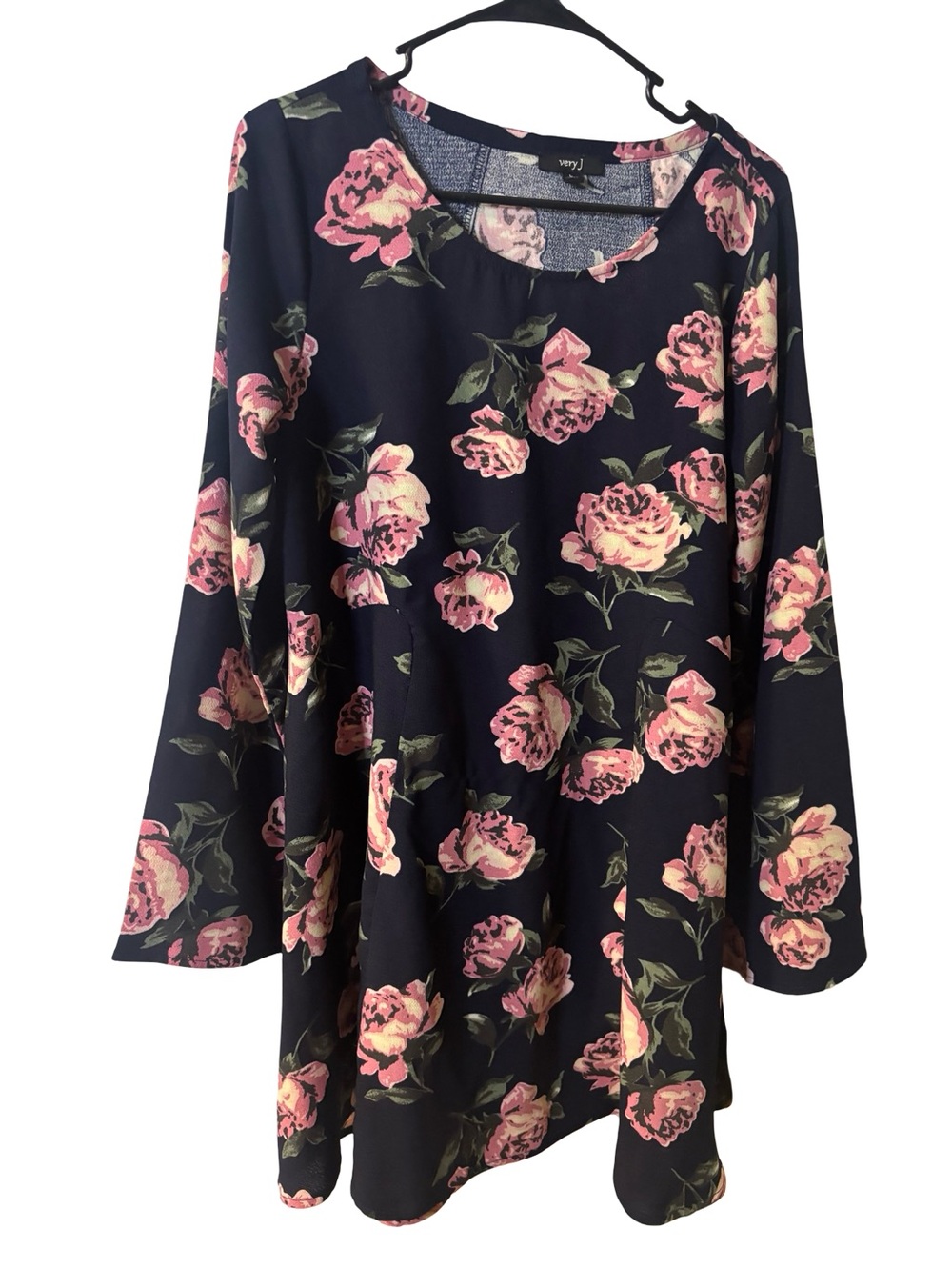 Very J Navy Flowy Pink Floral Print Boho Cottage-core Dress Size Large